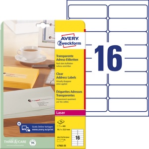 Avery Zweckform, AVERY ZWECKFORM Adress-Etik. Laser 99,1x33,9mm L7562-25 transparent 40, Avery Zweckform Adressetiketten Laser, 99,1mm x 33,9mm, transparent, L7562-25