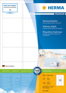 HERMA, HERMA Adressetiketten A4 weiss 63,5x46,6 mm Papier 1800 St., HERMA Adressetiketten 4265 A4 Weiss, 100 Blatt