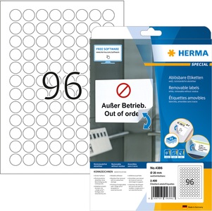 HERMA, HERMA Etiketten A4 weiss 20 mm rund ablösb. Papier 2400 St., Herma ablösbare Etiketten Nr. 4386, rund, Ø 20 mm, selbstklebend, bedruckbar, Papier, weiss, 2400 Stück auf 25 Blatt
