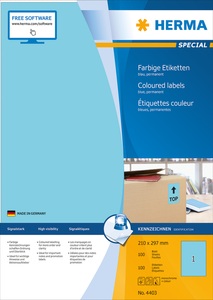 HERMA, HERMA Etiketten A4 blau 210x297 mm Papier matt 100 St., HERMA - Etiketten SPECIAL 210x297mm 4403 blau,perm. 100 St./100 Bl., One Size