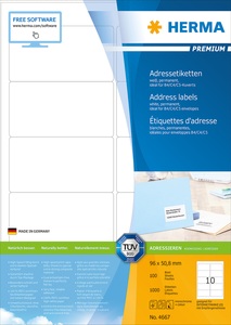 HERMA, HERMA Adressetiketten A4 weiss 96x50,8 mm Papier 1000 St., HERMA Universal-Etiketten Premium, 9.6 x 5.08 cm, 1000 Etiketten