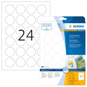 HERMA, HERMA Etiketten A4 weiss 40 mm ablösbar Papier 600 St., Herma ablösbare Etiketten Nr. 5066, rund, Ø 40 mm, selbstklebend, bedruckbar, Papier, weiss, 600 Stück auf 25 Blatt