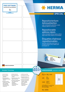HERMA, HERMA Adressetiketten A4 weiss 63,5x38,1 mm 2100 St., Herma repositionierbare Adressetiketten Nr. 10301 auf DIN A4-Blättern, 2100 Etiketten, 100 Bogen