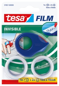 Tesa, Tesa - film® Mini Dispenser red-blue + film invisible, 2 x10m x 19 mm, Tesa Klebeband Mini, 19mm x 10m, 57857-00000, (2 Rollen)