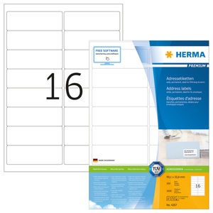 HERMA, HERMA Adressetiketten A4 weiss 99,1x33,8 mm Papier 1600 St., HERMA PREMIUM Etiketten A4, 99,1 x 33,8 (100)
