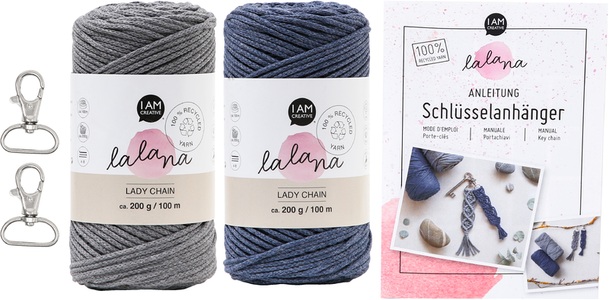 lalana, Makramee Schlüsselanhänger Set DIY, lalana Wolle Makramee Set 5-teilig, Blau/Grau