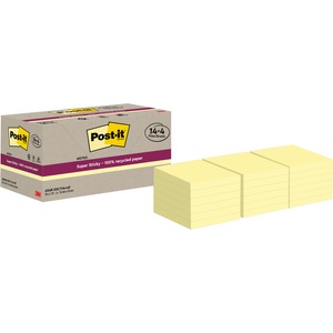 POST-IT, Post-it Super Sticky Recycelte Haftnotizen 76 x 76 mm Kanariengelb 70 Blatt Vorteilspackung 14 + 4 Gratis, Post-it Notizzettel Super Sticky Recycling, Gelb, 18 Blöcke