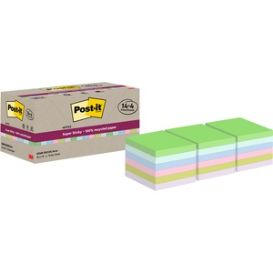 POST-IT, Post-it Super Sticky Recycelte Haftnotizen 76 x 76 mm Farbig sortiert 70 Blatt Vorteilspackung 14 + 4 Gratis, Post-it Notizzettel Super Sticky Recycling, Mehrfarbig, 18 Blöcke
