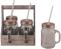Lagotto, 4er Set Glas 400ml mit Trinkhalmen in Holzbox mit Griff, 4er Set Glas 400ml mit Trinkhalmen in Holzbox mit Griff