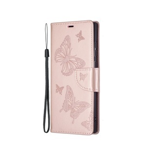 Sonstige Marke, Samsung Galaxy S22 Ultra 5G Leder Tasche mit Kartenfach + Handschlaufe Schmetterling - Roségold, 