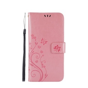 Sonstige Marke, iPhone 11 Pro Max Leder Tasche mit Kartenfach + Handschlaufe Butterfly Flowers - Rosa, 