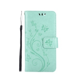 Sonstige Marke, iPhone 12 Pro Max Leder Tasche mit Kartenfach + Handschlaufe Butterfly Flowers - Türkis, 