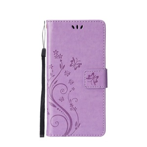 Sonstige Marke, iPhone 13 Pro Max Leder Tasche mit Kartenfach + Handschlaufe Butterfly Flowers - Lila, 