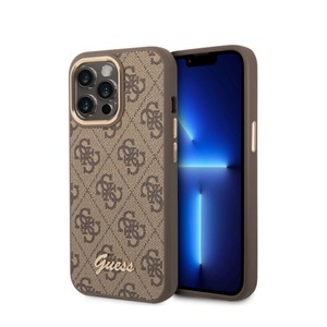 Guess, Guess - iPhone 14 Pro Max Leder Hardcase Hülle 4G Metal Logo (GUHCP14XHG4SHW) - Braun, 