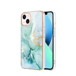 Sonstige Marke, iPhone 14 Gummi Case Hülle Galvanisierter Rahmen Marble Marmor Design - Türkis / Roségold, 