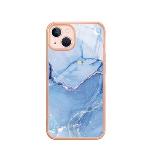 Sonstige Marke, iPhone 14 Gummi Case Hülle Galvanisierter Rahmen Marble Marmor Design - Hellblau / Roségold, 