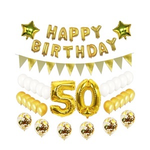 Sonstige Marke, (79-tlg. Set) Happy Birthday Girlande 50. Geburtstag Party Deko + Latex- und Folienballons / Konfetti Ballons / Fahnen Girlande - Gold, 
