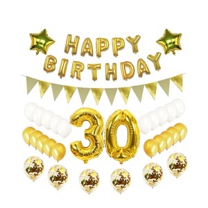 Sonstige Marke, (79-tlg. Set) Happy Birthday Girlande 30. Geburtstag Party Deko + Latex- und Folienballons / Konfetti Ballons / Fahnen Girlande - Gold, 