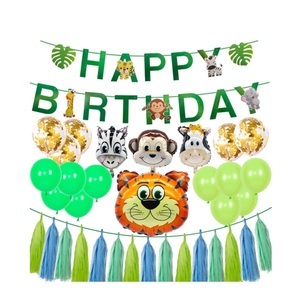 Sonstige Marke, (60-tlg. Set) Happy Birthday Girlande Safari Tiere Party Deko + Latex- & Folienballons / Quasten Girlande - Grün / Blau / Orange, 
