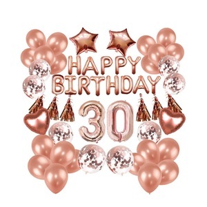 Sonstige Marke, (94-tlg. Set) Happy Birthday Girlande 30. Geburtstag Party Deko + Latex- und Folienballons / Konfetti Ballons / Quasten Girlande - Roségold, 