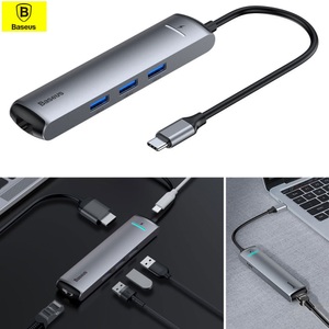 Apple,Asus,Blackberry,Google,HTC,Huawei,Lenovo,LG,Microsoft,Motorola,Nokia,OnePlus,Samsung,Sony,Xiaomi, Baseus - USB C Multiport Adapter mit USB C / 4K HDMI @30Hz / 3x USB 3.0 / Gigabit Ethernet - Dunkelgrau, 