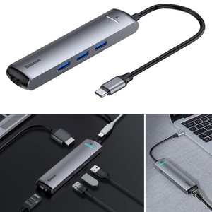 Apple,Asus,Blackberry,Google,HTC,Huawei,Lenovo,LG,Microsoft,Motorola,Nokia,OnePlus,Samsung,Sony,Xiaomi, Baseus - USB C Multiport Adapter mit USB C / 4K HDMI @30Hz / 3x USB 3.0 / Gigabit Ethernet - Dunkelgrau, 