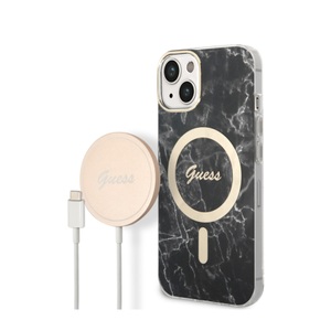 Guess, Guess - 2in1 Bundle iPhone 14 MagSafe Hardcase Hülle Marble + MagSafe USB-C Charger (GUBPP14SHMEACSK) - Schwarz, 