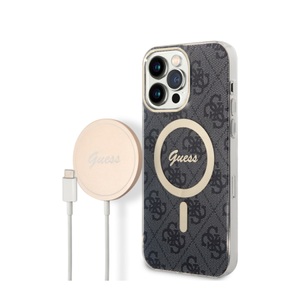 Guess, Guess - 2in1 Bundle iPhone 14 Pro Max MagSafe Hardcase Hülle 4G Print + MagSafe USB-C Charger (GUBPP14XH4EACSK) - Schwarz, 