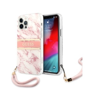 Guess, Guess - iPhone 12 / 12 Pro Hardcase Hülle Marble Strap (GUHCP12MKMABPI) - Weiss / Rosa, Guess - Hülle iPhone 12 / Pro Marble Strap, Rosa