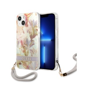 Guess, Guess - iPhone 13 Hardcase Hülle Flower Strap (GUHCP13MHFLSU) - Lila / Transparent, 