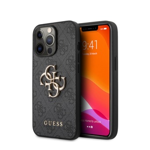 Guess, Guess - iPhone 13 Pro Leder Hardcase Hülle Metall Logo (GUHCP13L4GMGGR) - Grau / Gold
