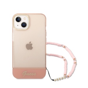 Guess, Guess - iPhone 14 Hardcase Hülle Translucent + Pearl Strap Trageschlaufe (GUHCP14SHGCOHP) - Rosa / Transparent, Apple - Hülle iPhone 14 Colors mit Perlenkette, Rosa