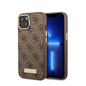 Guess, Guess - iPhone 14 MagSafe Leder Hardcase Hülle 4G Logo Plate (GUHMP14SU4GPRW) - Braun / Gold, Apple - IPhone 14 Hülle PU 4G Metal Plate, Braun