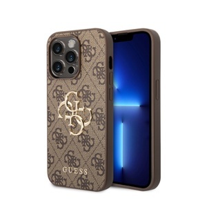 Guess, Guess - iPhone 14 Pro Leder Hardcase Hülle Metall Logo (GUHCP14L4GMGBR) - Braun / Gold