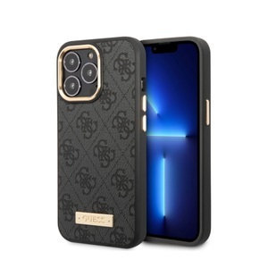 Guess, Guess - iPhone 14 Pro Max MagSafe Leder Hardcase Hülle 4G Logo Plate (GUHMP14XU4GPRK) - Schwarz / Gold, 