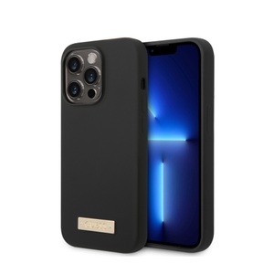 Guess, Guess - iPhone 14 Pro Max MagSafe Silikon Hardcase Hülle Logo Plate (GUHMP14XSBPLK) - Schwarz / Gold, 