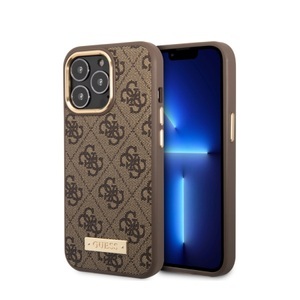 Guess, Guess - iPhone 14 Pro MagSafe Leder Hardcase Hülle 4G Logo Plate (GUHMP14LU4GPRW) - Braun / Gold