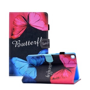 Samsung, Samsung Galaxy Tab A7 Lite Leder Tasche Flip Case Schmetterlinge + Stift Halterung - Schwarz / Pink / Blau, 