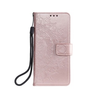 Samsung, Samsung Galaxy A21s Leder Tasche mit Kartenfach + Handschlaufe Blumen Mandala - Roségold, 