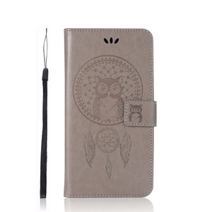 Huawei, Huawei P Smart (2019) Leder Tasche Flip Cover Traumfänger Eule - Grau, 