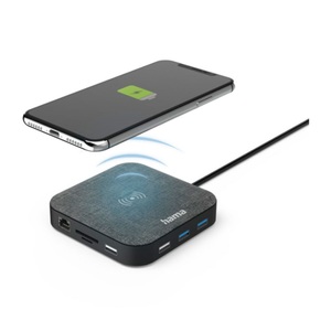 HAMA, Hama - Connect2QiCharge USB C Multiport Adapter mit Qi-Charger / 4K HDMI / VGA / 2 x USB C (PD) / 4 x USB A / Gigabit LAN / 3.5mm Klinke / SD & Micro SD Kartenlesegerät (00200134) - Grau, HAMA Connect2QiCharge - USB-C-Hub (Grau/Schwarz)