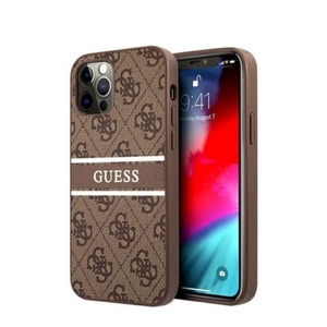Guess, Guess - iPhone 12 / iPhone 12 Pro Leder Hardcase Hülle Streifen Logo (GUHCP12M4GDBR) - Braun, 