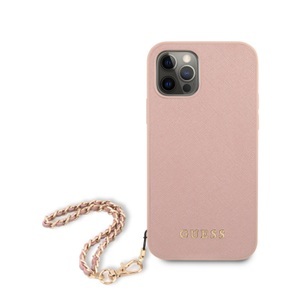Guess, Guess - iPhone 12 Pro Max Leder Saffiano Hardcase Hülle Chain + Trageschlaufe (GUHCP12LSASGPI) - Rosa, 