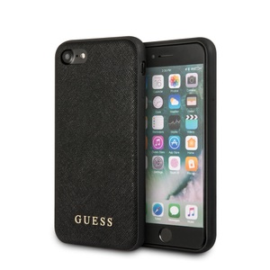Apple, Guess - iPhone SE (2020) / 8 / 7 / 6S Leder Saffiano Hardcase Hülle Gold Logo (GUHCI8SLSABK) - Schwarz, 
