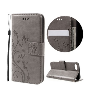 Apple, iPhone 8 / iPhone 7 Leder Tasche mit Kartenfach + Handschlaufe Butterfly Flowers - Grau, 