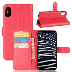 Apple, iPhone Xs / X Leder Tasche Flip Cover Litchi Look - Rot, 