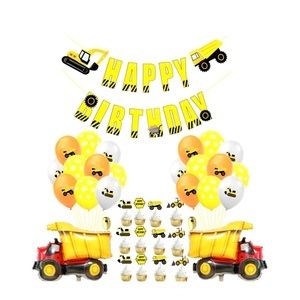 Sonstige Marke, (58-tlg. Set) Happy Birthday Girlande Lastwagen Party Deko + Latex- & Folienballons / Kuchenstecker - Gelb, 