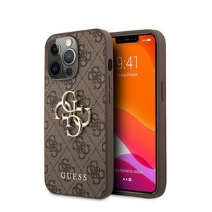 Guess, Guess - iPhone 13 Pro Leder Hardcase Hülle Metall Logo (GUHCP13L4GMGBR) - Braun / Gold, Guess - Hülle Apple iPhone 13 Pro PU 4G Big, Braun