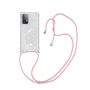Samsung, Samsung Galaxy A52 / A52 5G Necklace Gummi Hülle Liquid Glitzer + Handykette (130cm) - Rosa / Silber, 