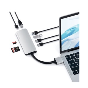 Apple, Satechi - Dual USB C Multiport Pro Hub mit USB C / 4K HDMI / 2x USB 3.0 Anschluss / Gigabit Ethernet / SD- Micro SD Kartenlesegerät (ST-TCDMMAS) - Silber, Satechi USB-C® Dockingstation ST-TCDMMASM